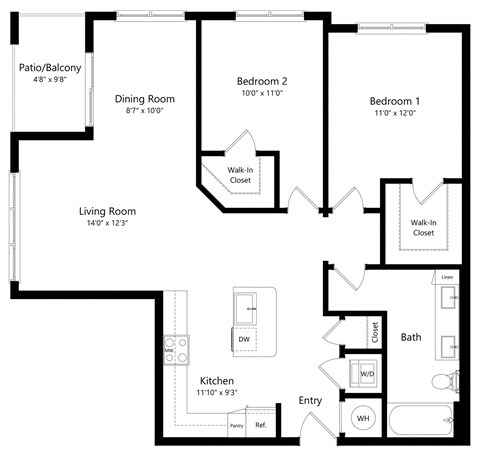 Floor plan for 2 beds, 1 bath, 1137 sqft